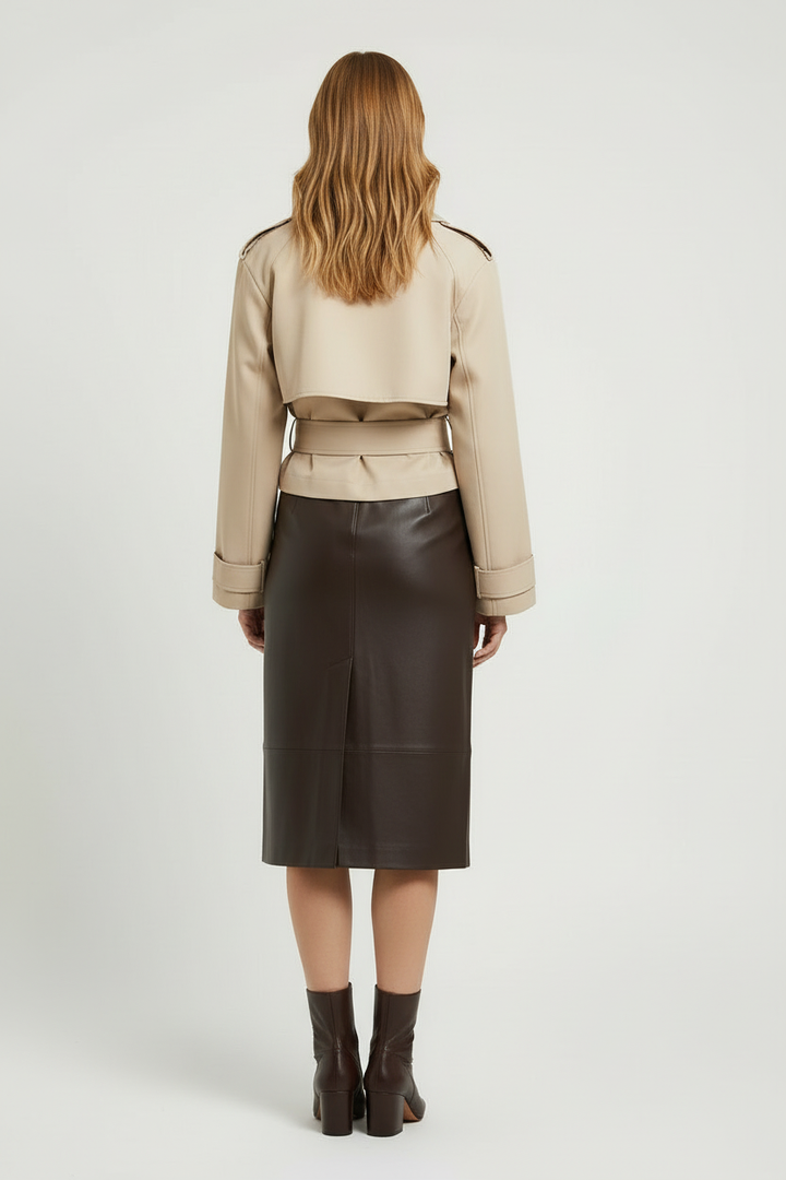 Double Breasted Cropped Trench Coat with Belted Waist