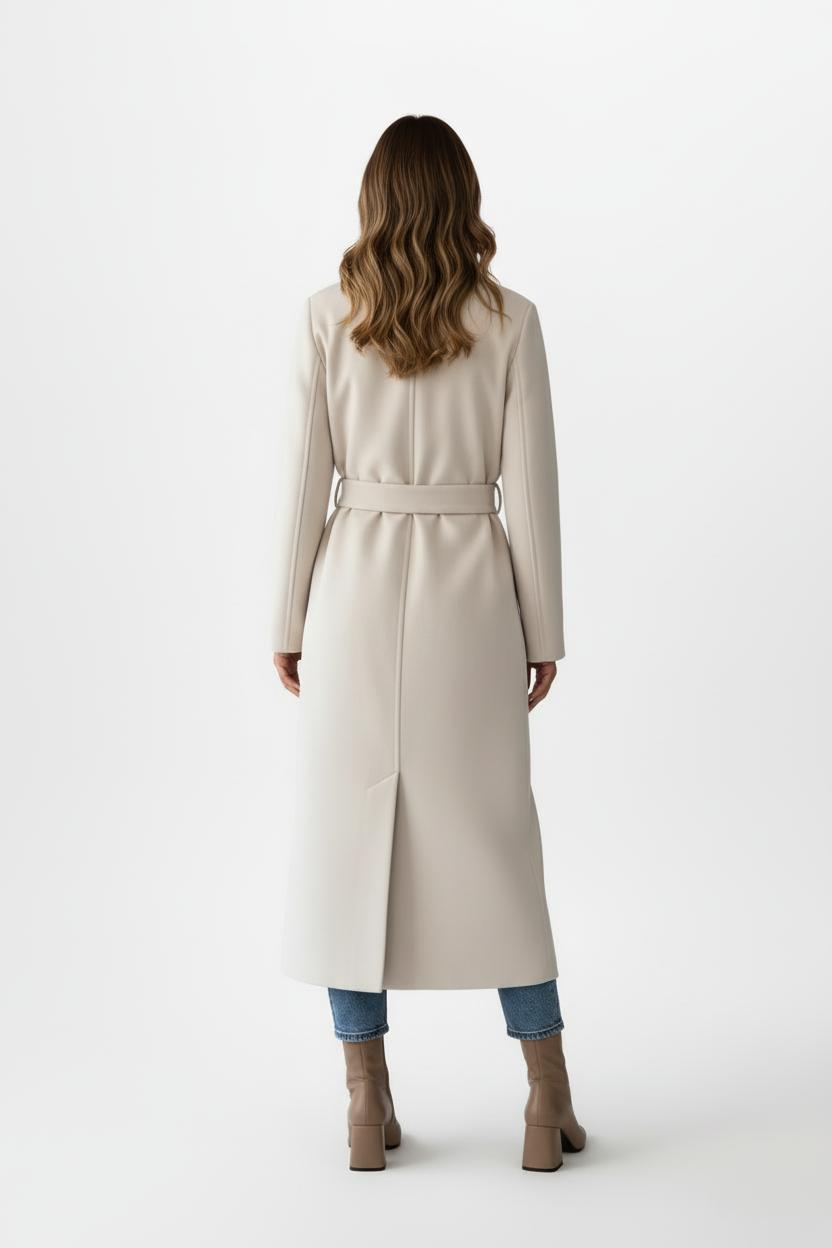 Long Womens Coat with Double Button Front and Belted Waist