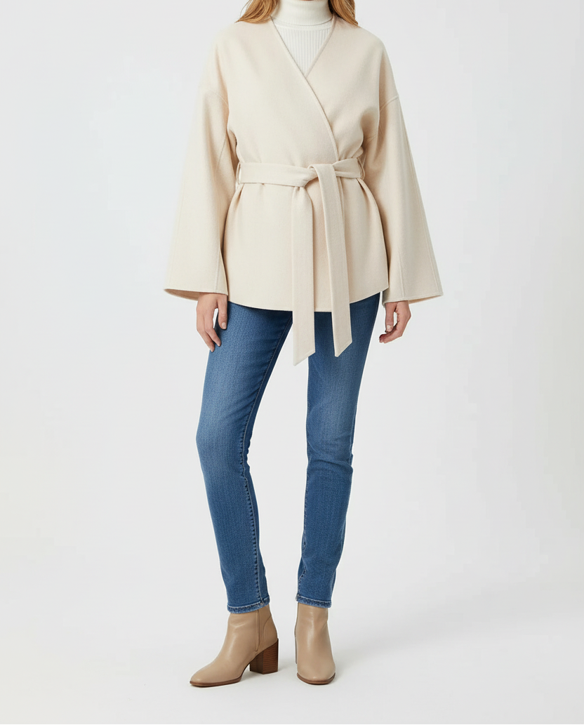 Wrap Style Coat with Adjustable Belt and Soft Finish