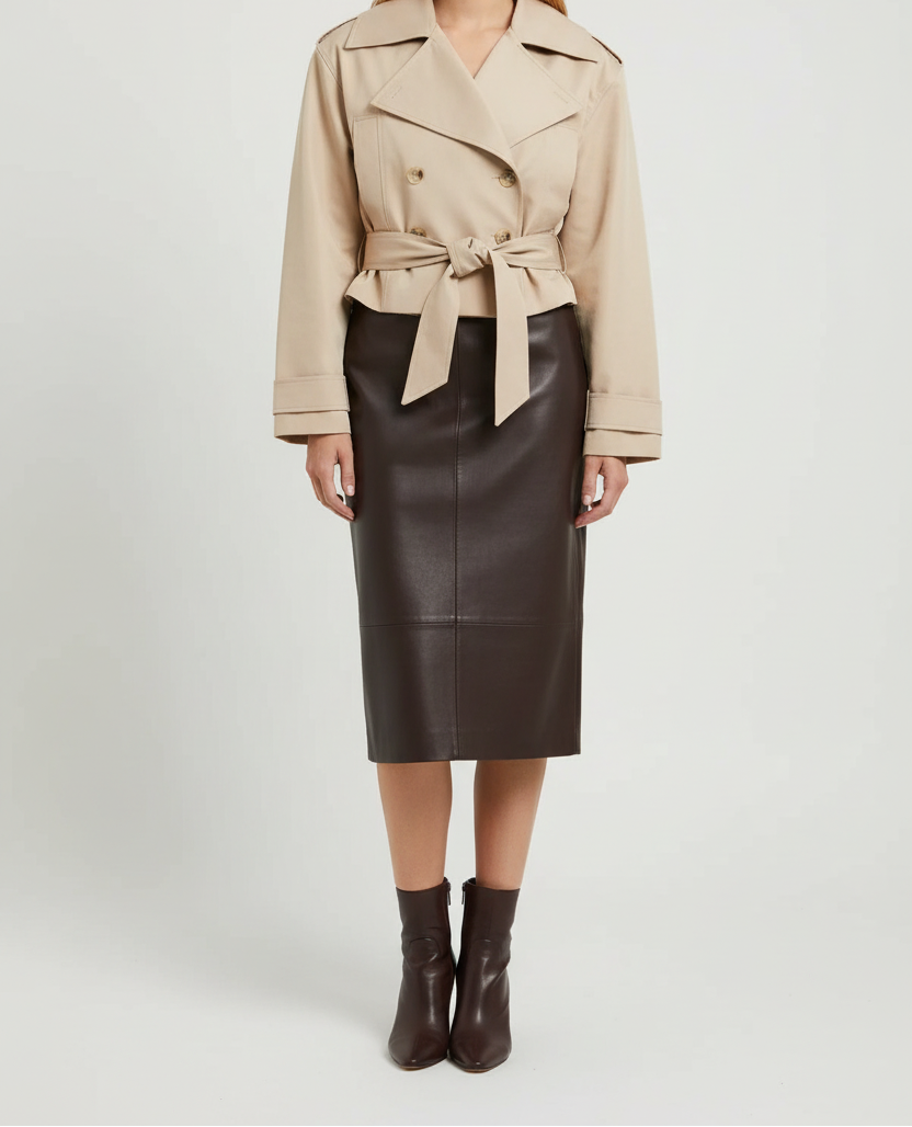 Double Breasted Cropped Trench Coat with Belted Waist