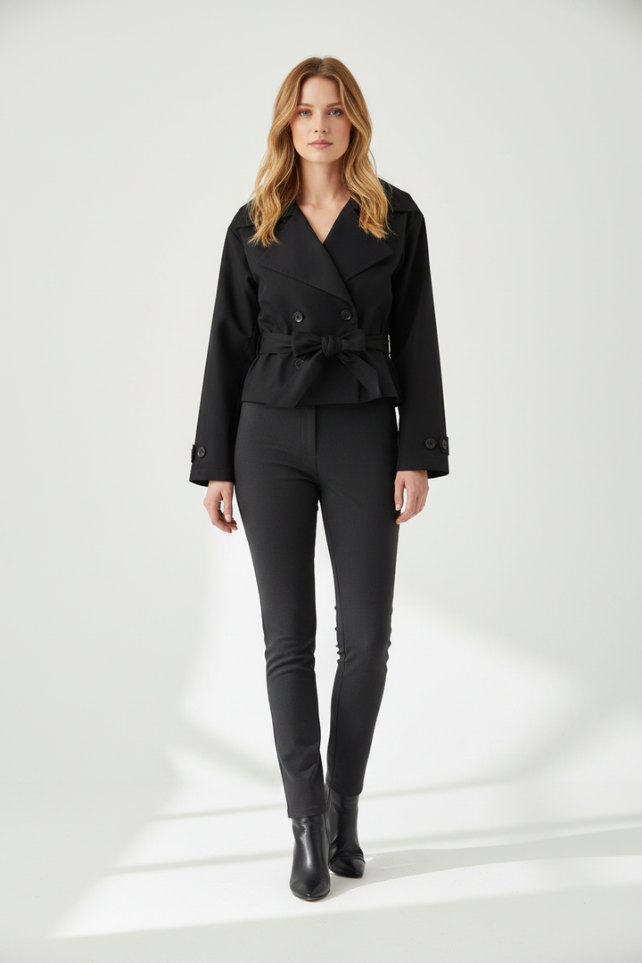 Double Breasted Cropped Trench Coat with Belted Waist