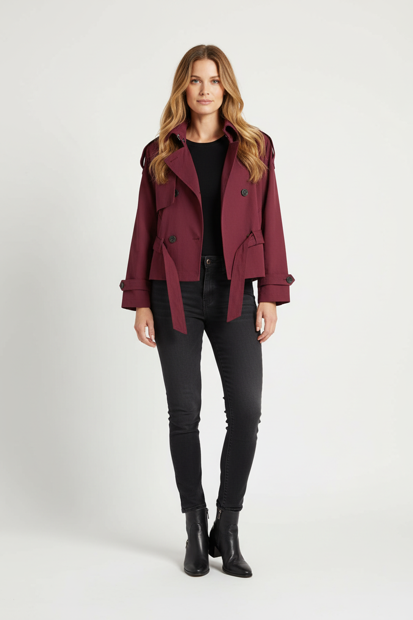 Short Trench Jacket with High Neck and Belted Waist