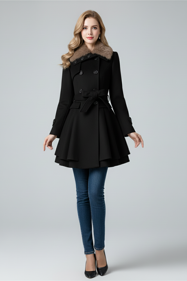 Womens Coat with Textured Collar and Belted Waist Fit
