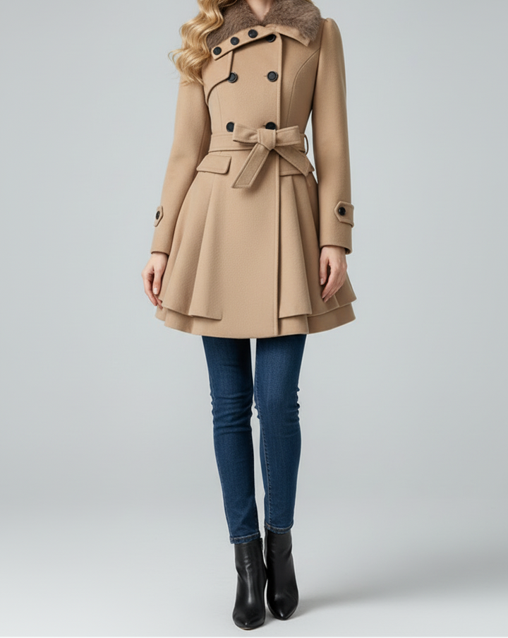 Womens Coat with Textured Collar and Belted Waist Fit