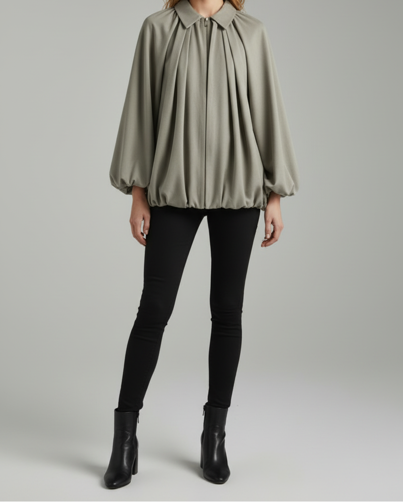 Relaxed Bomber Jacket with Puff Sleeves and Zip Front