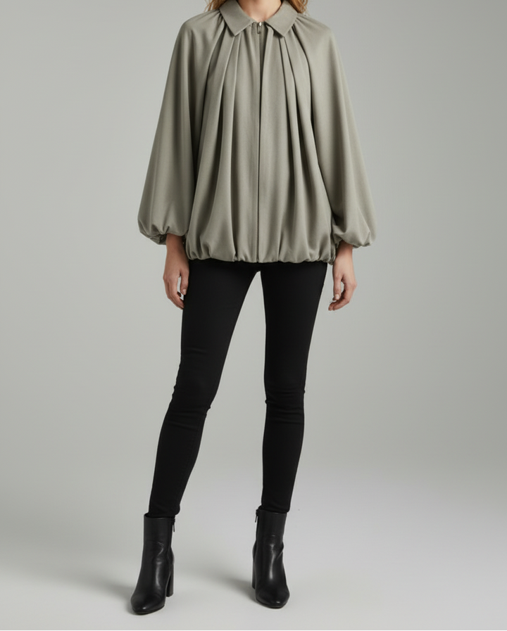 Relaxed Bomber Jacket with Puff Sleeves and Zip Front