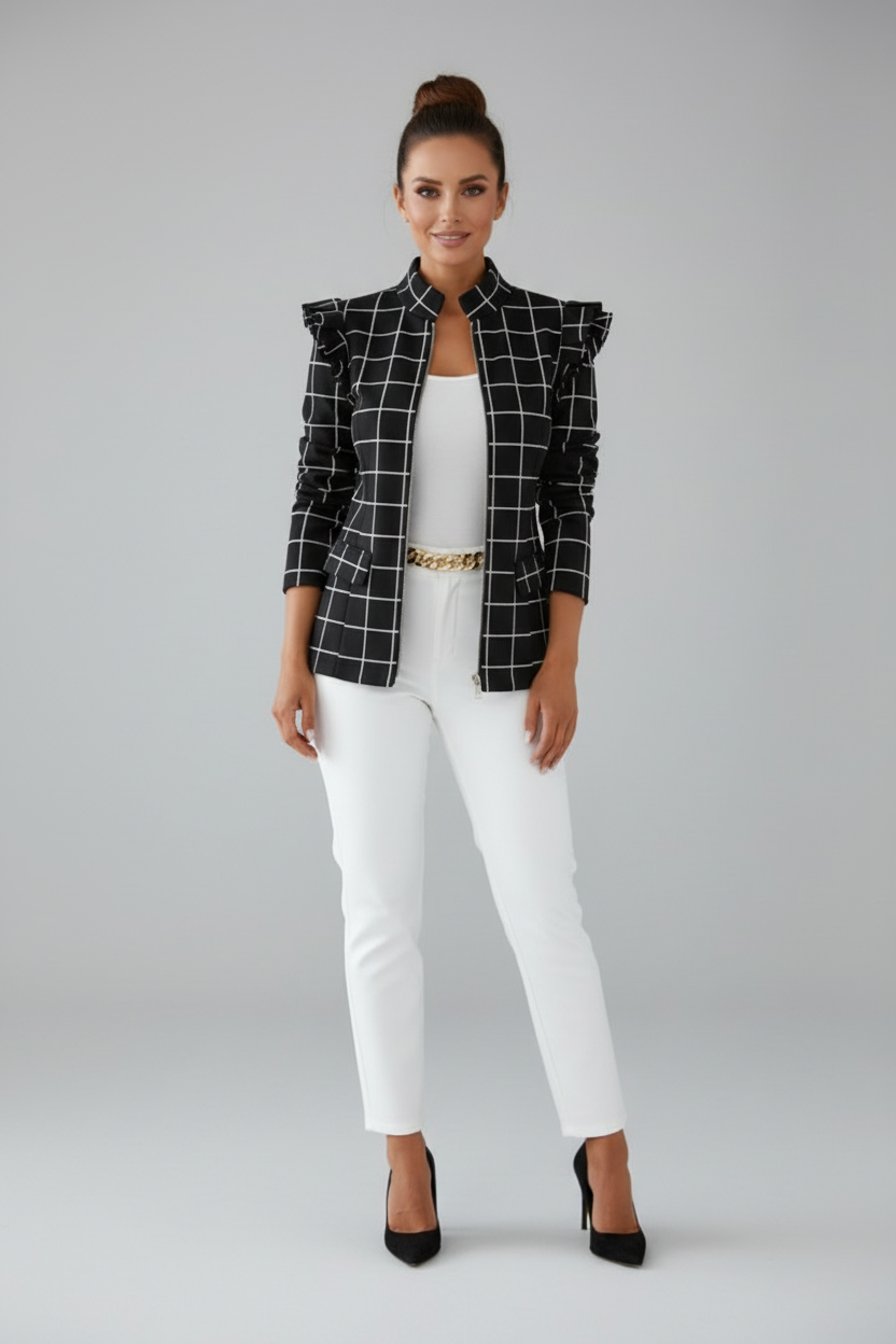 Patterned Womens Jacket with Stand Up Collar and Zip Front