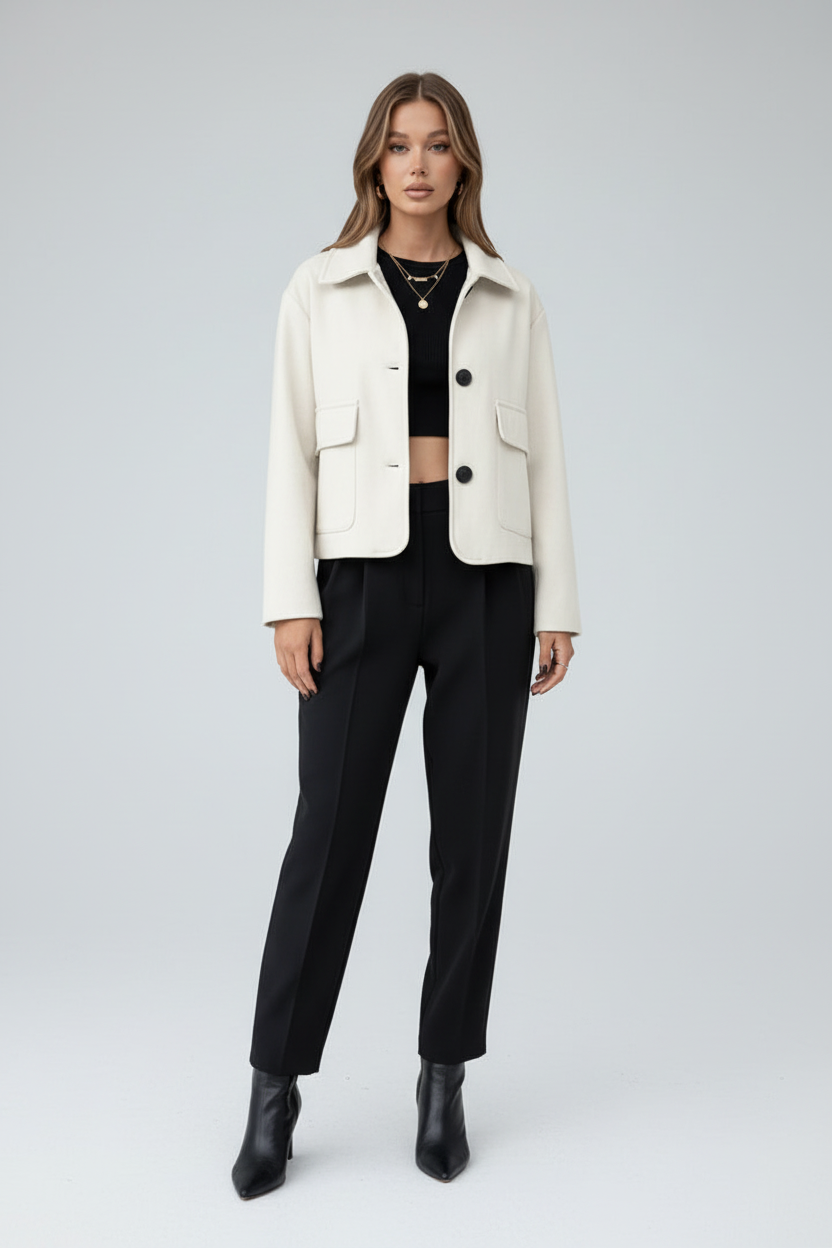 Cropped Faux Suede Jacket with Shirt Collar and Button Front