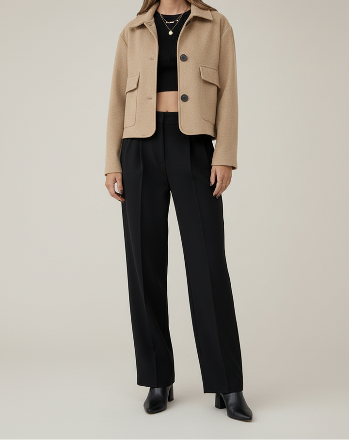 Cropped Faux Suede Jacket with Shirt Collar and Button Front