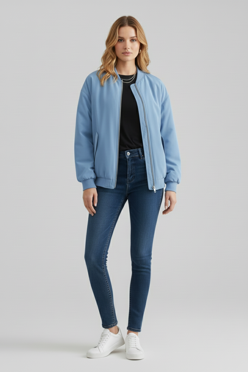 Zip Front Bomber Jacket with Ribbed Crew Neck