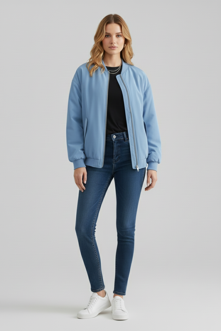 Zip Front Bomber Jacket with Ribbed Crew Neck