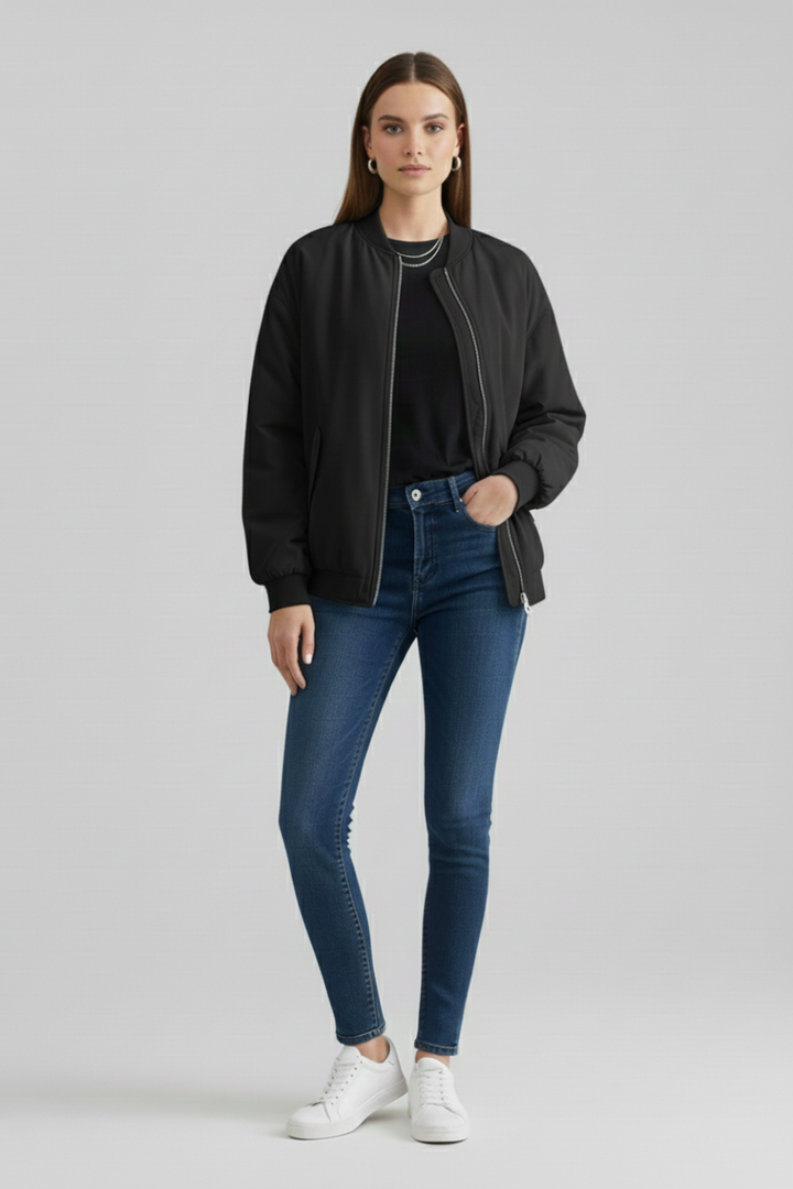 Zip Front Bomber Jacket with Ribbed Crew Neck