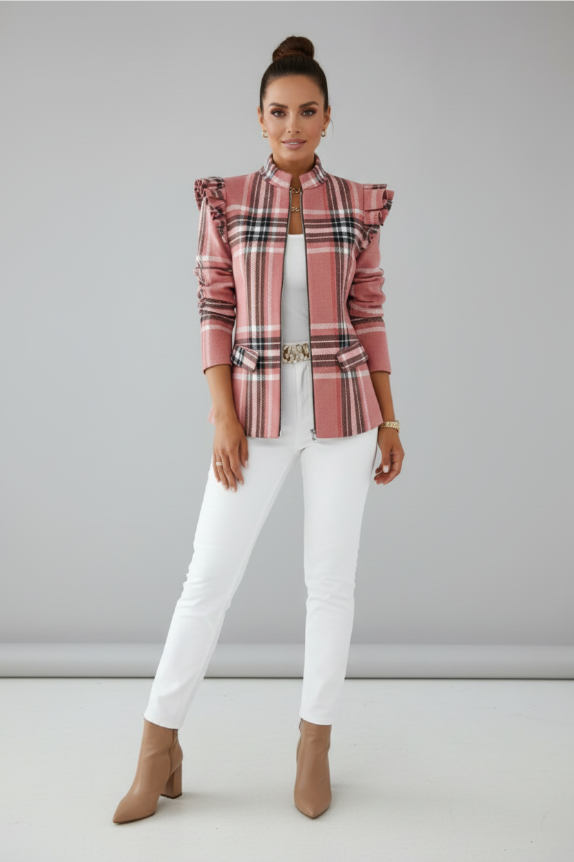 Patterned Womens Jacket with Stand Up Collar and Zip Front