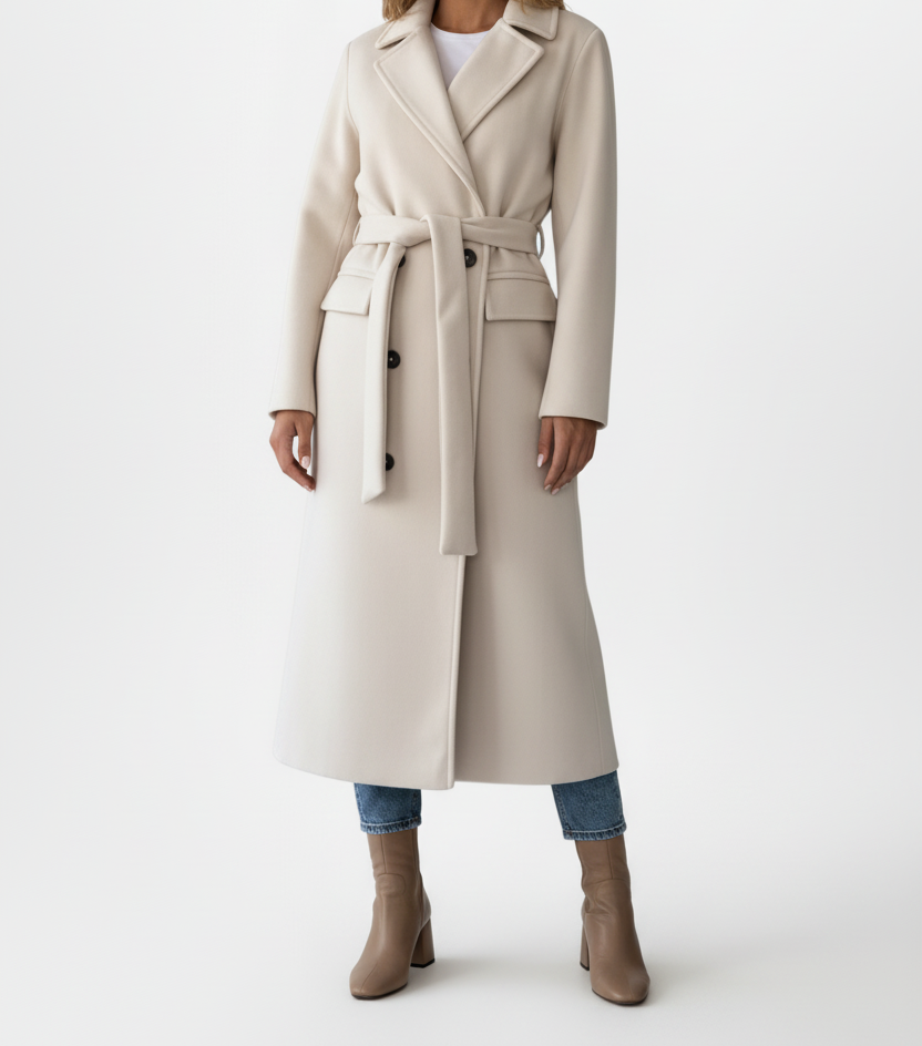 Long Womens Coat with Double Button Front and Belted Waist