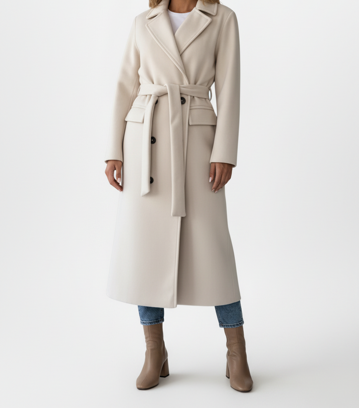 Long Womens Coat with Double Button Front and Belted Waist
