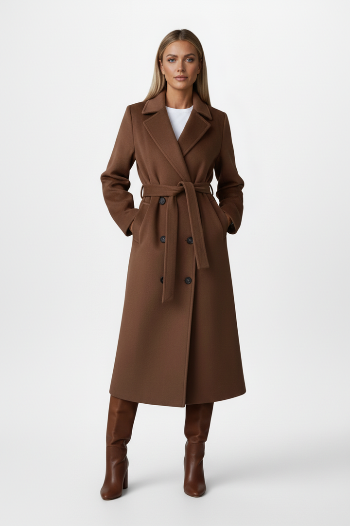 Long Womens Coat with Double Button Front and Belted Waist