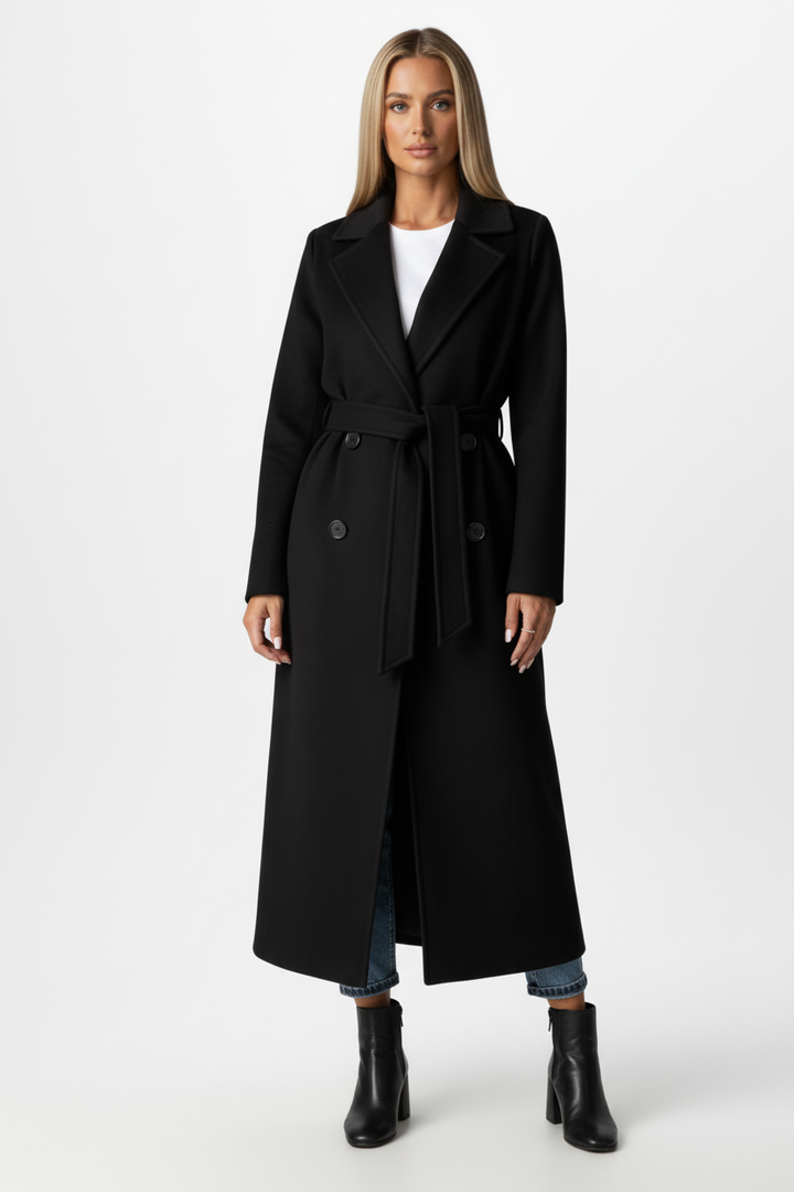 Long Womens Coat with Double Button Front and Belted Waist