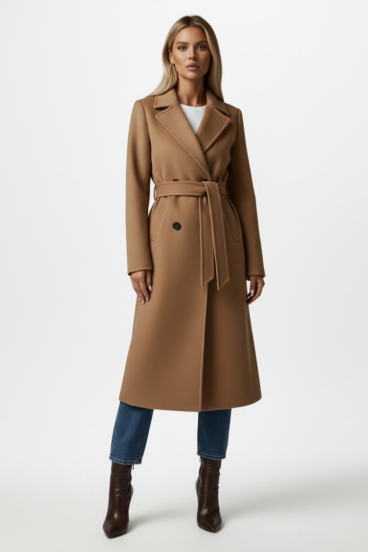 Long Womens Coat with Double Button Front and Belted Waist