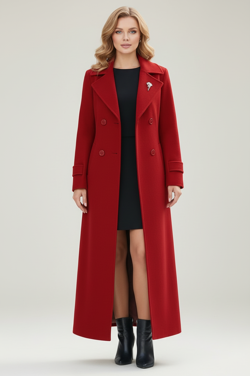 Long Womens Coat with Shawl Collar and Belted Waist