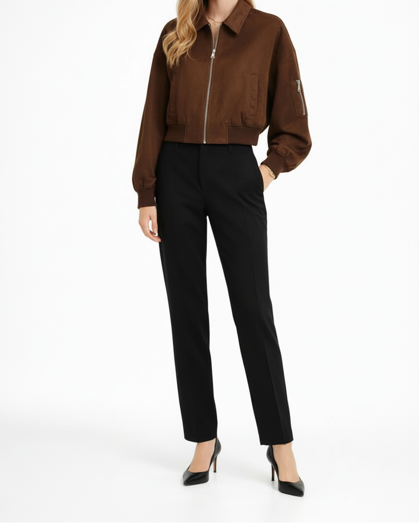 Women’s Cropped Bomber Jacket with Zip Closure and Pocket Detail