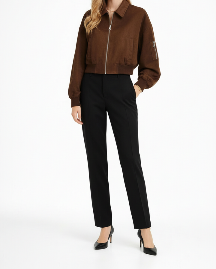 Women’s Cropped Bomber Jacket with Zip Closure and Pocket Detail