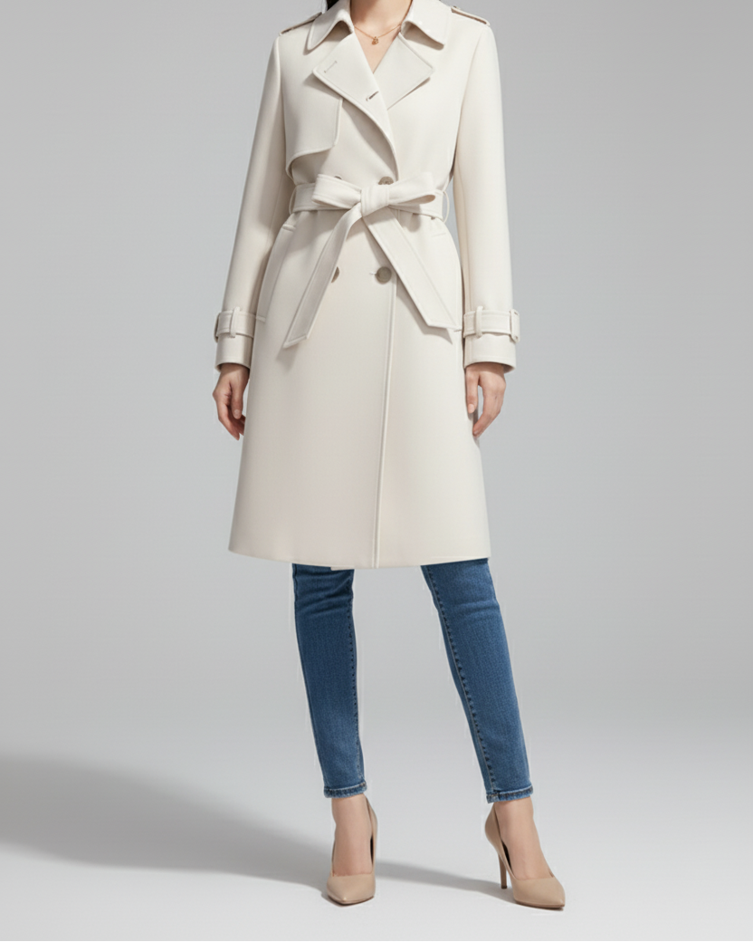 Womens Trench Coat with Classic Collar and Belted Closure