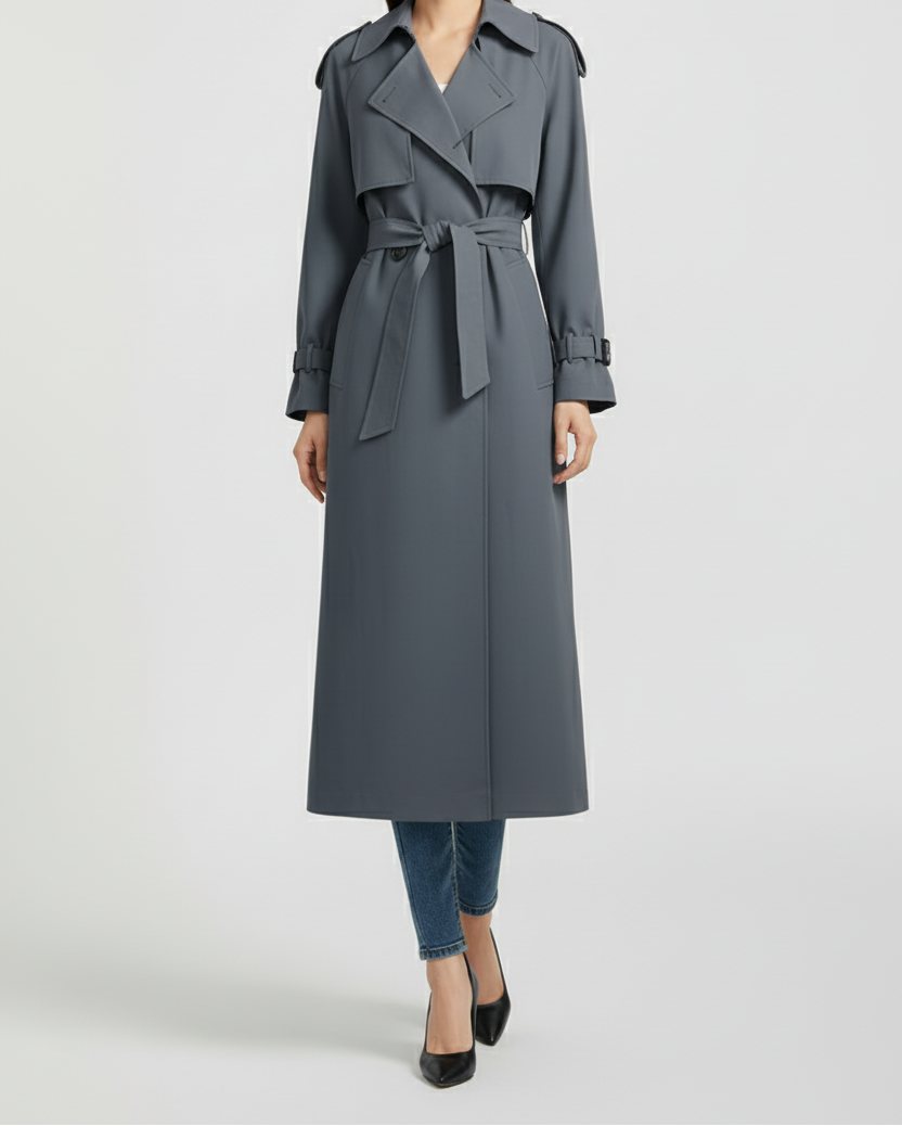 Ankle Length Womens Trench Coat with Wide Collar and Double Button Front