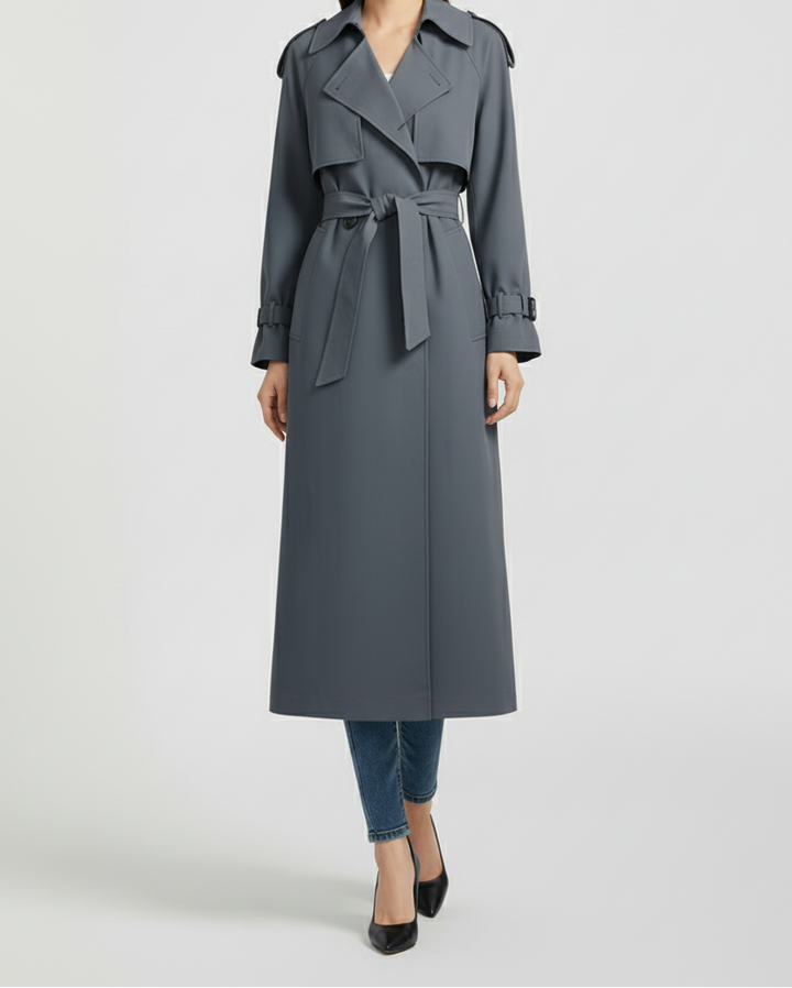 Ankle Length Womens Trench Coat with Wide Collar and Double Button Front