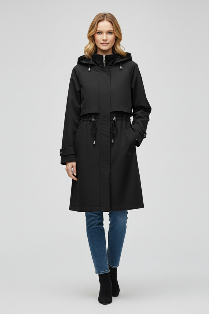 Long Womens Trench Coat with Hood Adjustable Waist and Zip Front
