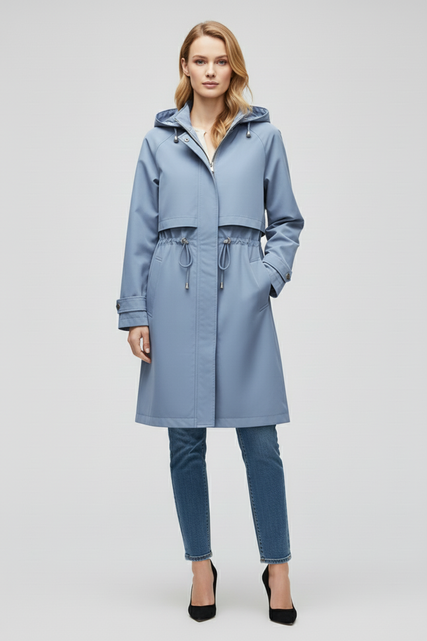 Long Womens Trench Coat with Hood Adjustable Waist and Zip Front
