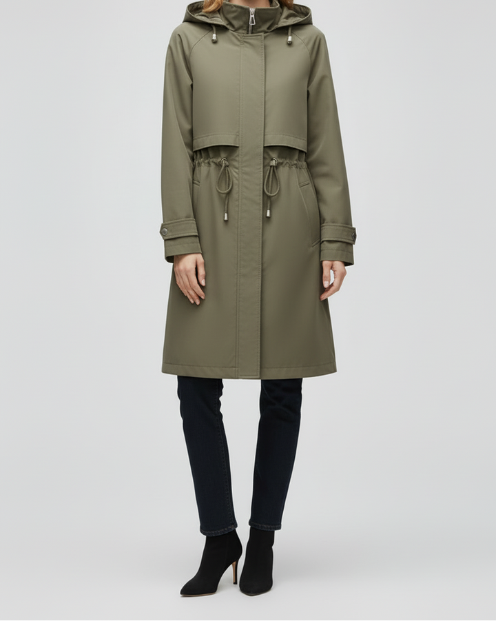 Long Womens Trench Coat with Hood Adjustable Waist and Zip Front