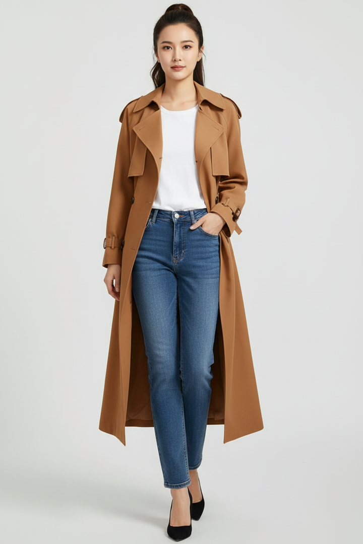 Ankle Length Womens Trench Coat with Wide Collar and Double Button Front