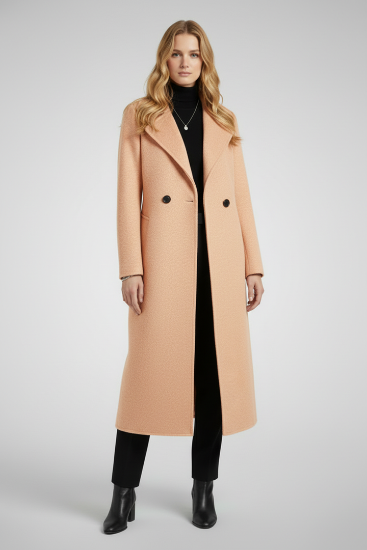 Long Womens Coat with Turn Down Collar and Woven Surface