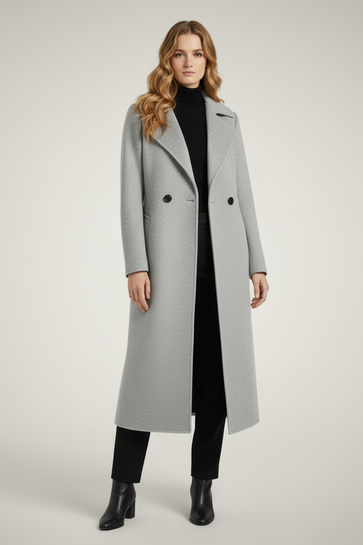 Long Womens Coat with Turn Down Collar and Woven Surface