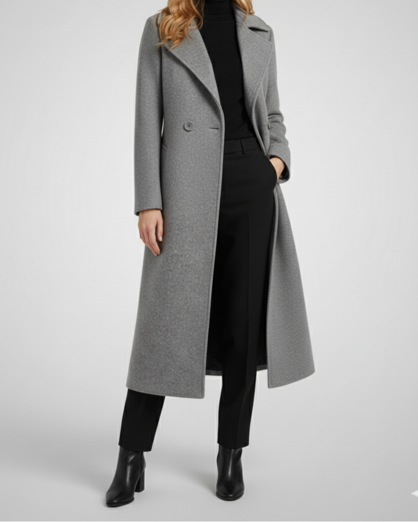 Long Womens Coat with Turn Down Collar and Woven Surface