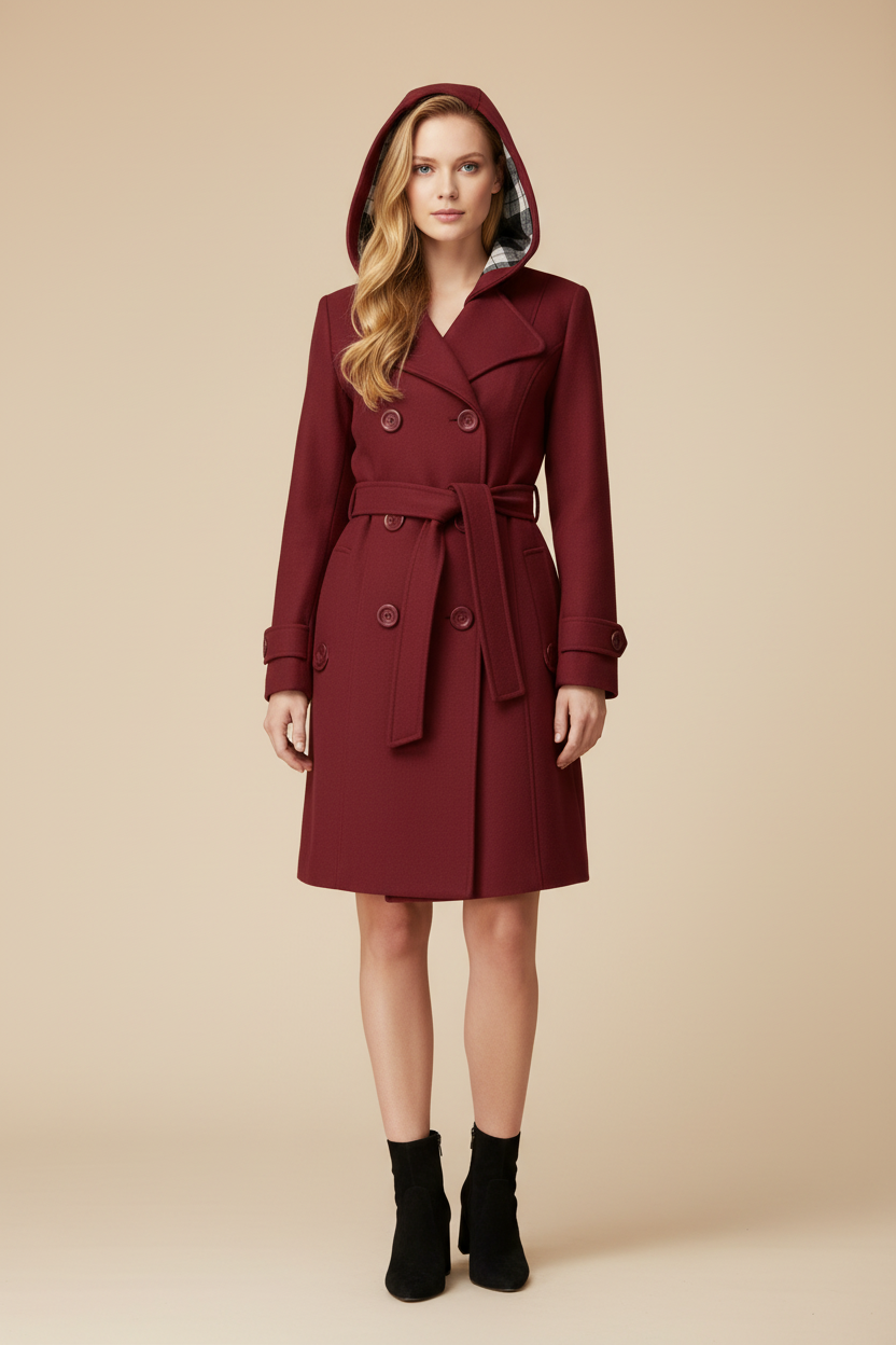 Womens Hooded Coat with Belted Waist and Button Front