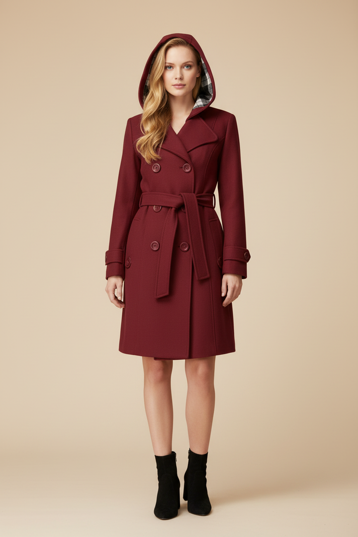 Womens Hooded Coat with Belted Waist and Button Front