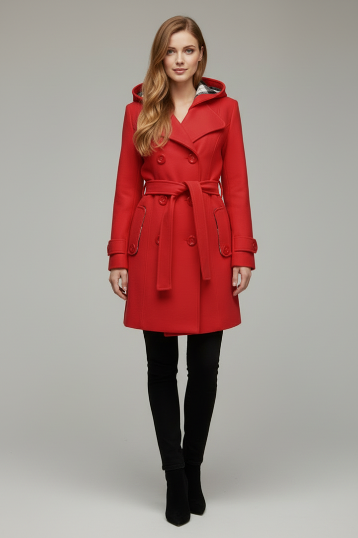 Womens Hooded Coat with Belted Waist and Button Front