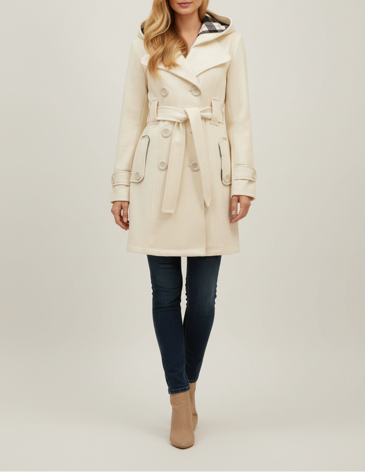 Womens Hooded Coat with Belted Waist and Button Front