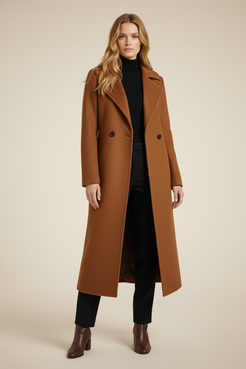 Long Womens Coat with Turn Down Collar and Woven Surface