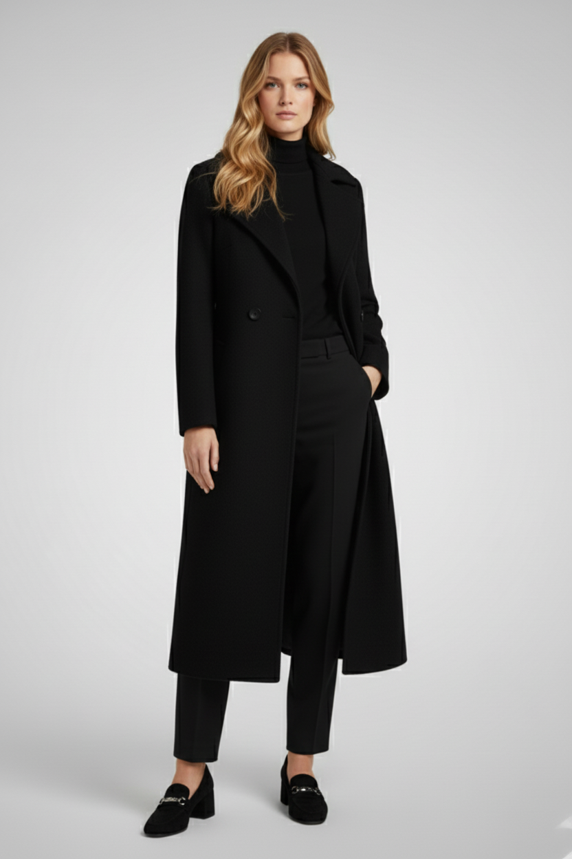 Long Womens Coat with Turn Down Collar and Woven Surface