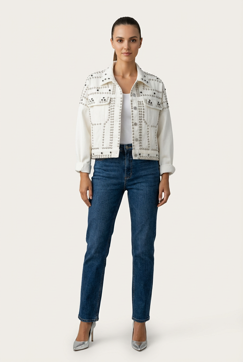 Cropped Womens Jacket with Turned Collar and Studded Surface