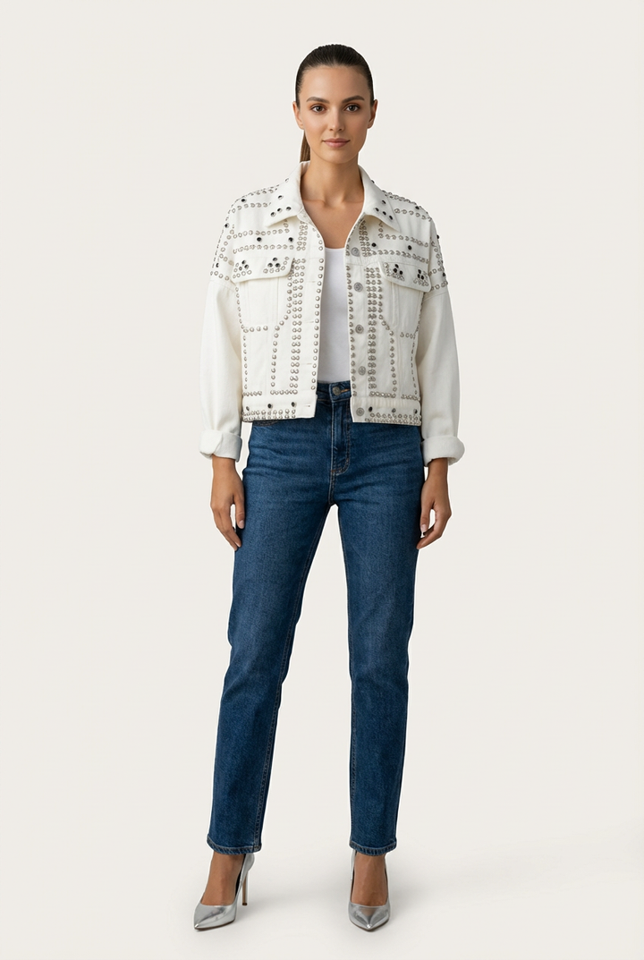 Cropped Womens Jacket with Turned Collar and Studded Surface