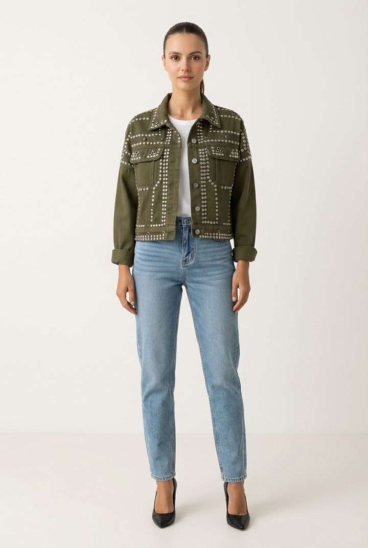 Cropped Womens Jacket with Turned Collar and Studded Surface