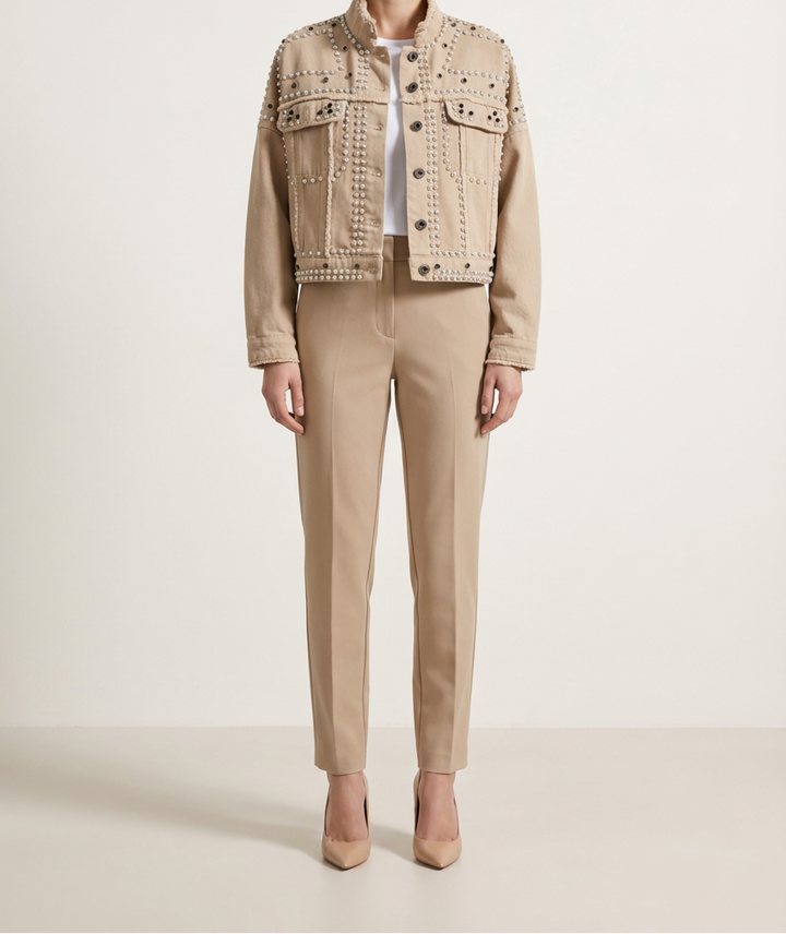 Cropped Womens Jacket with Turned Collar and Studded Surface