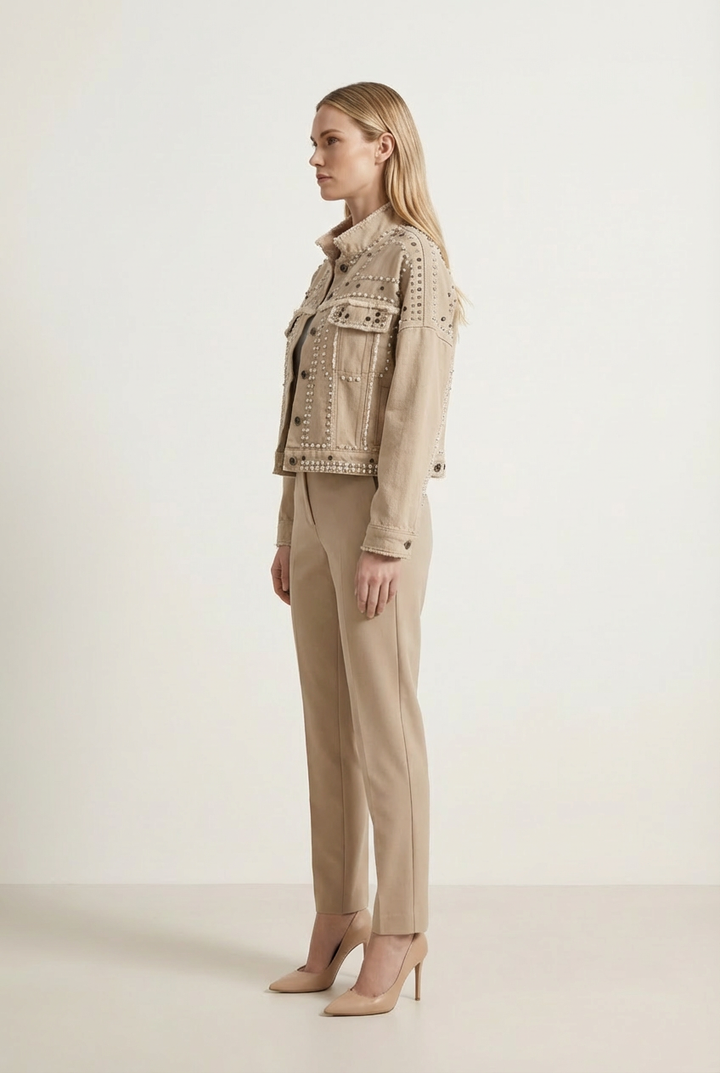 Cropped Womens Jacket with Turned Collar and Studded Surface