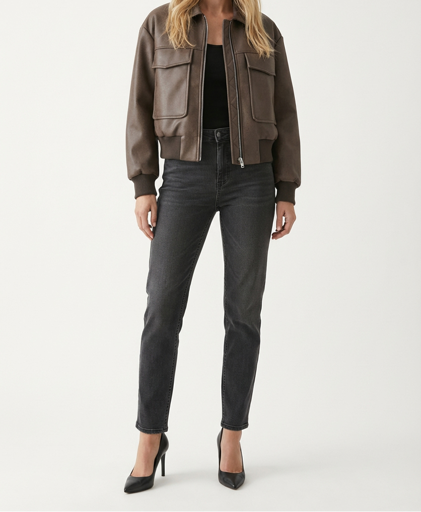 Structured Womens Jacket with Turned Collar and Zip Front