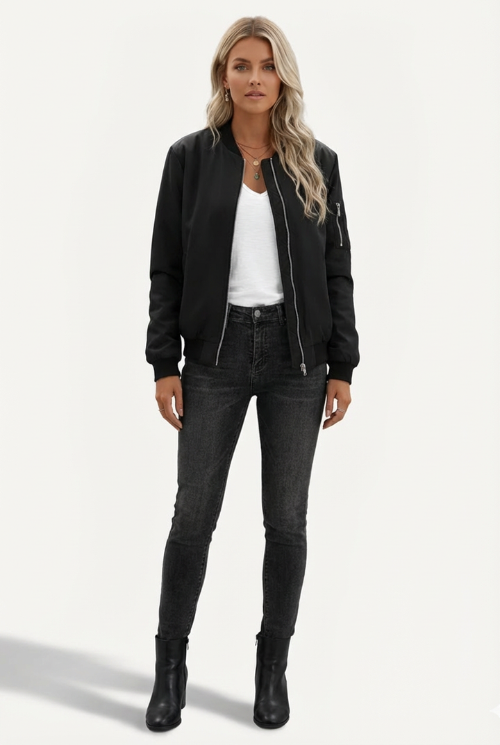 Short Womens Zip Jacket with Ribbed Hem and Cuff Detail