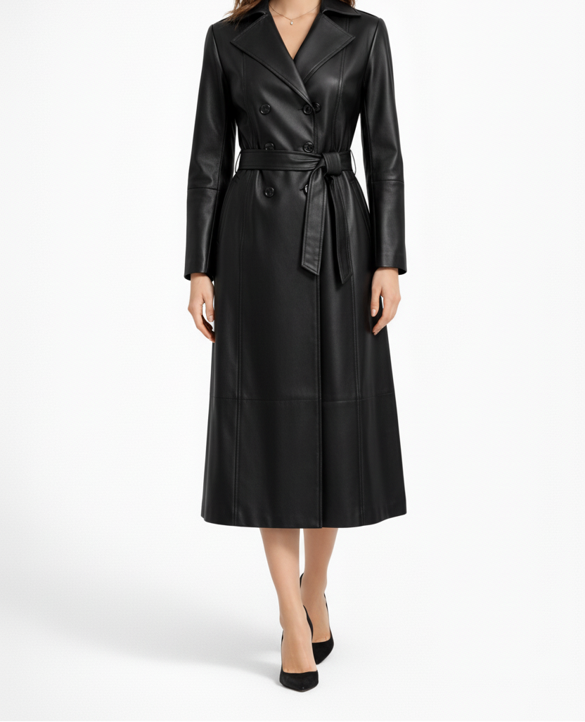 Belted Womens Trench Coat with Double Row Button Front