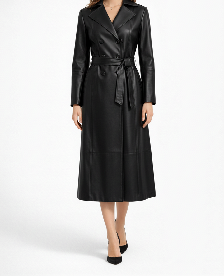 Belted Womens Trench Coat with Double Row Button Front